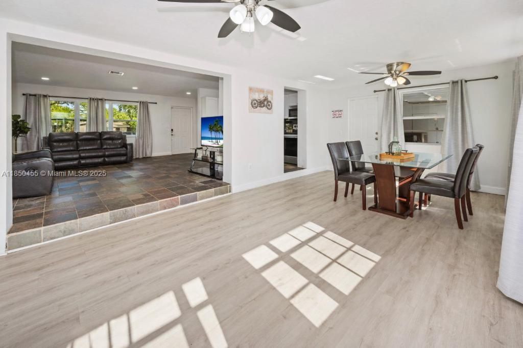 Dining room, Interior, Recessed Lighting, Wood Texture Flooring