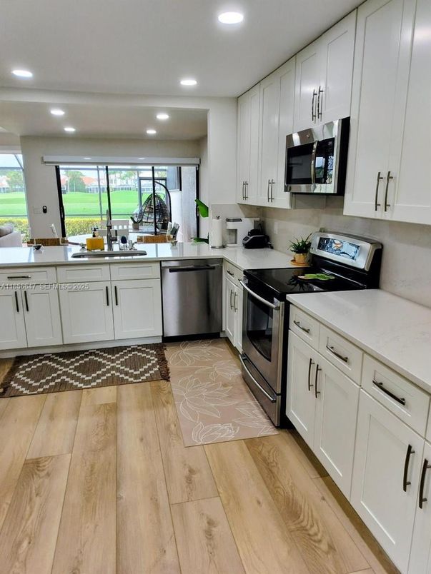 Interior, Kitchen, Recessed Lighting, Stainless Steel Appliances, Wood Texture Flooring
