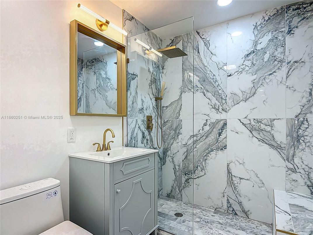 Bathroom, Glass Shower, Interior, Marble Walls, Recessed Lighting