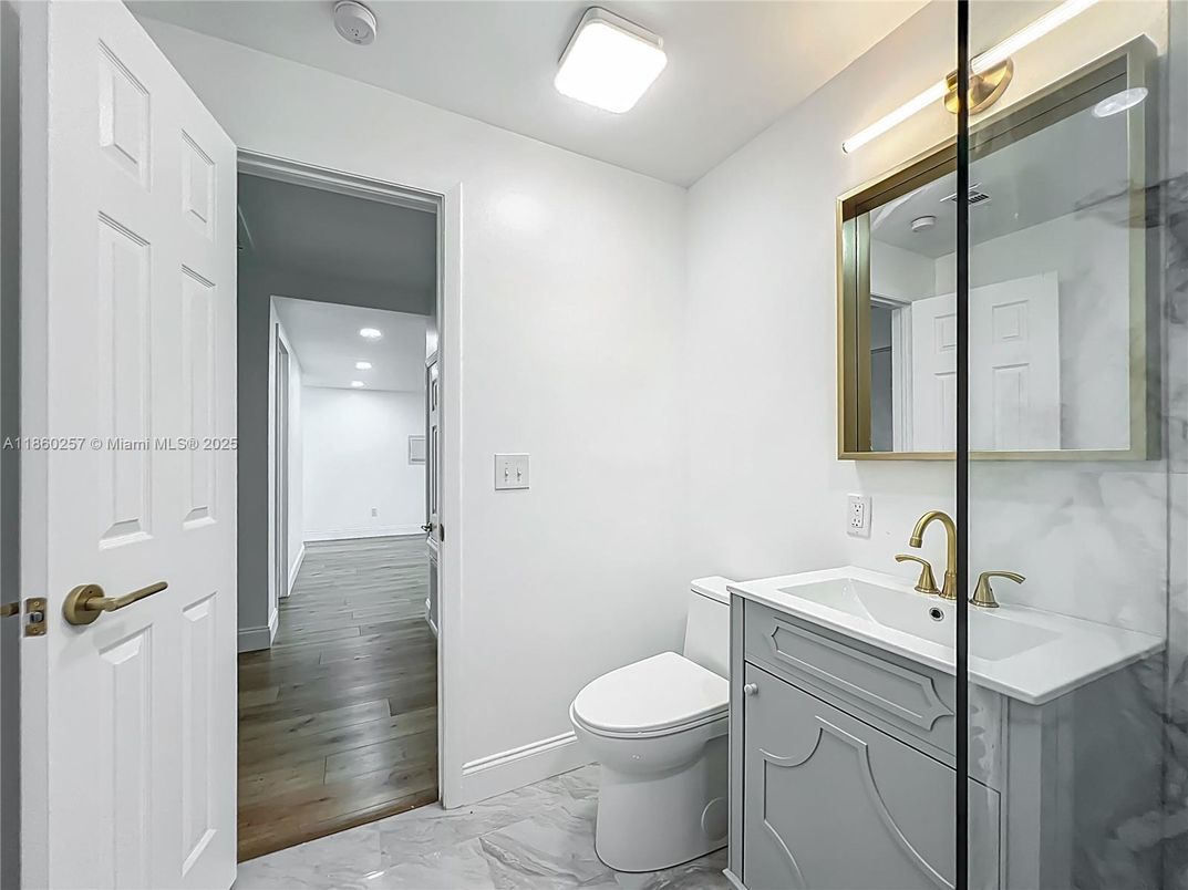 Bathroom, Interior, Marble, Recessed Lighting, Wood Texture Flooring