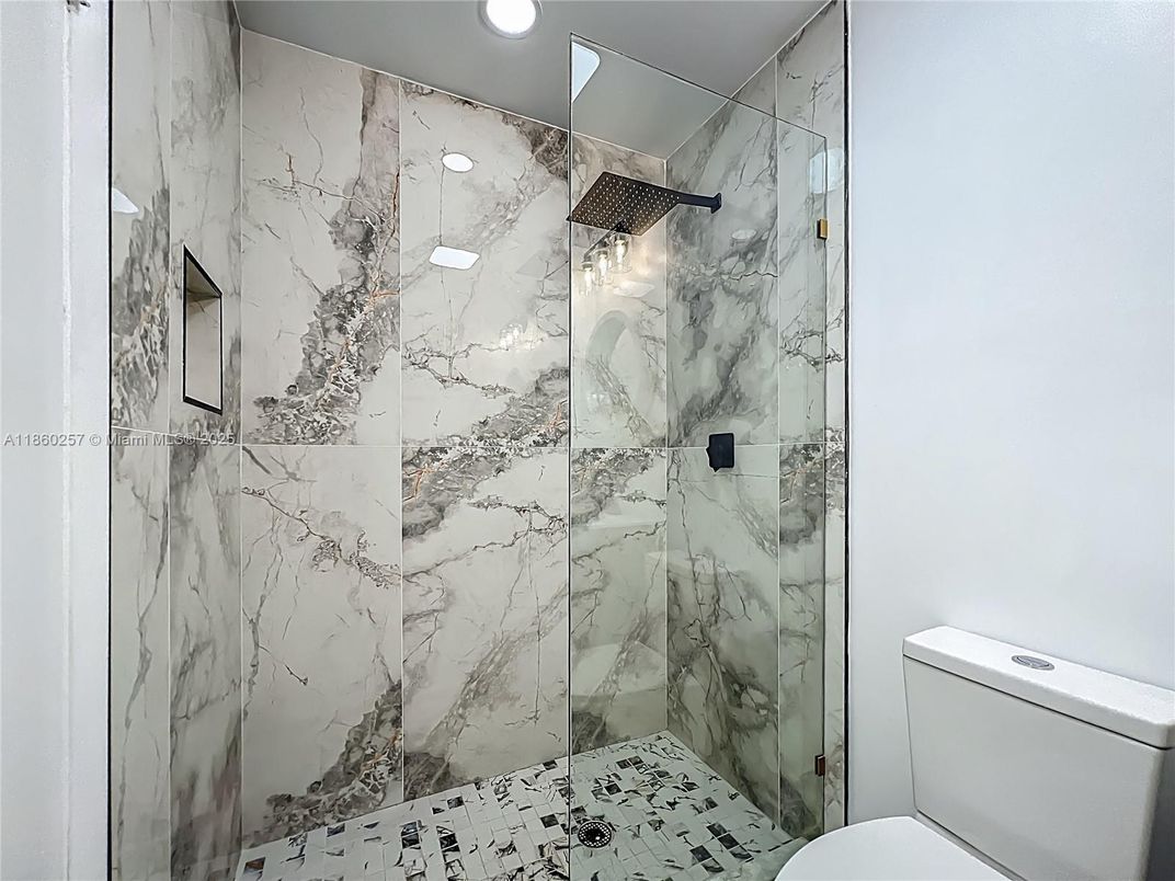 Bathroom, Glass Shower, Interior, Marble Walls, Recessed Lighting