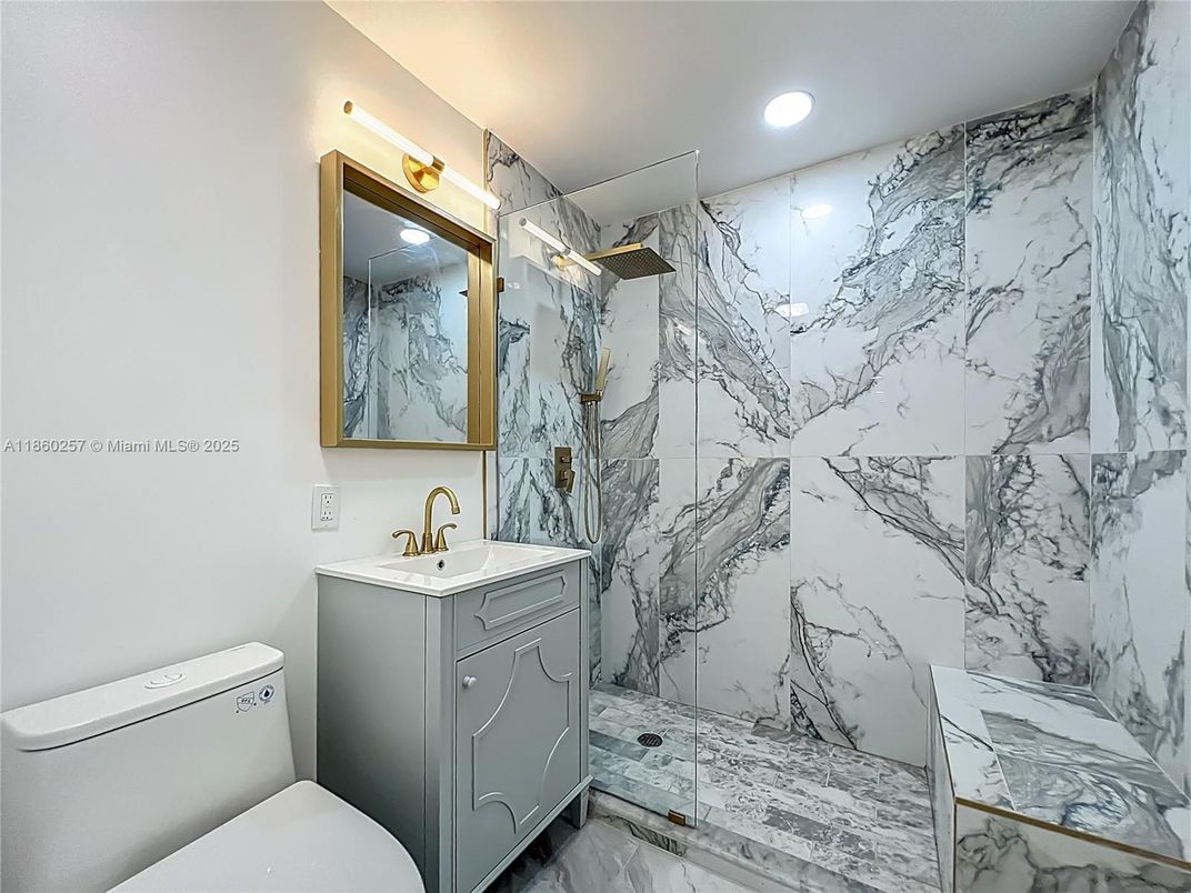 Bathroom, Glass Shower, Interior, Marble, Marble Walls, Recessed Lighting