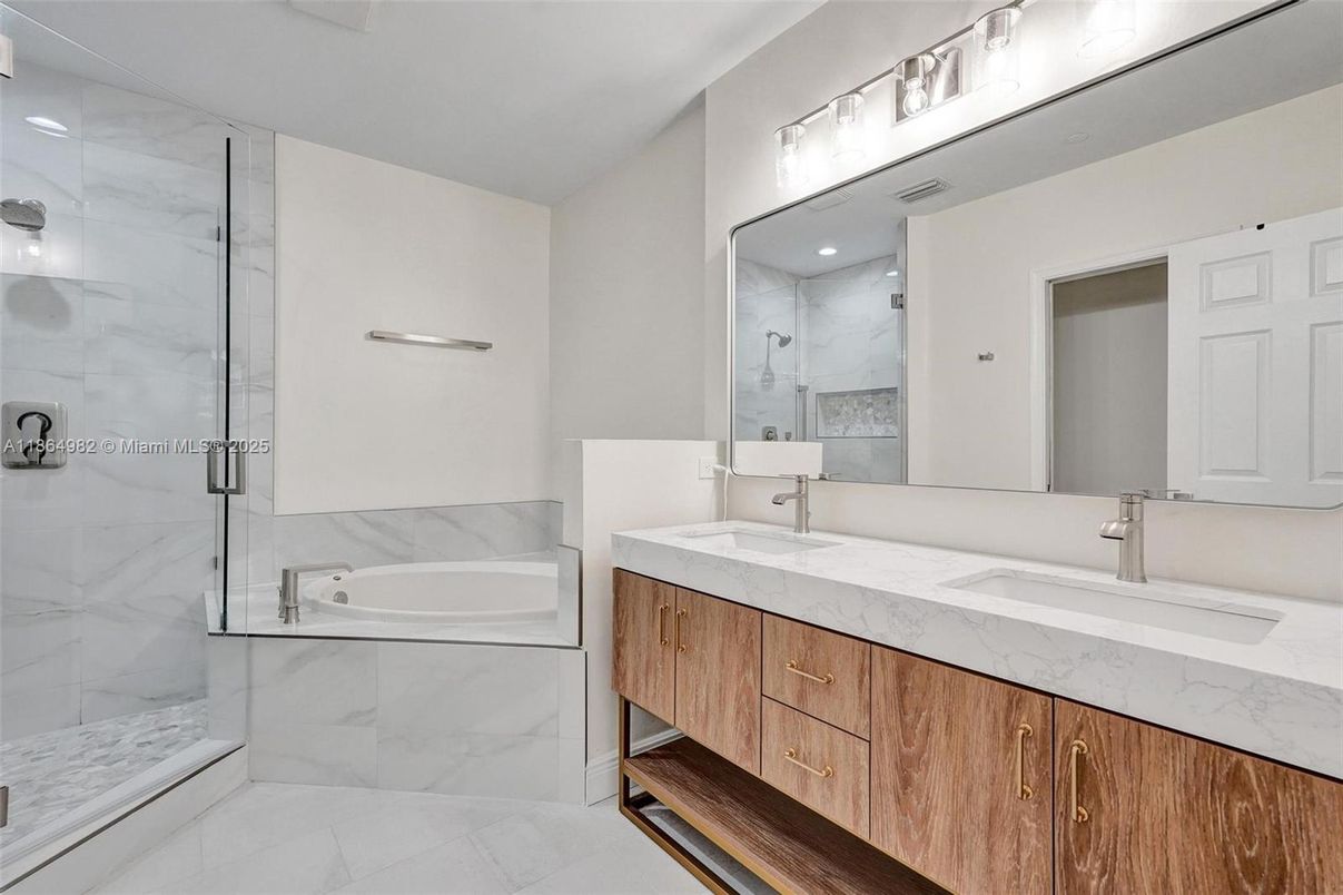 Bathroom, Dual Sink Vanities, Glass Shower, Interior, Marble Walls