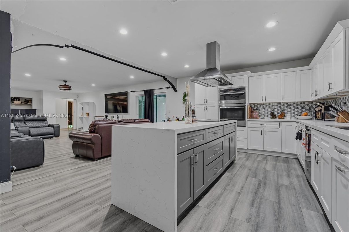 Interior, Kitchen, Living room, Recessed Lighting, Stainless Steel Appliances, Wood Texture Flooring