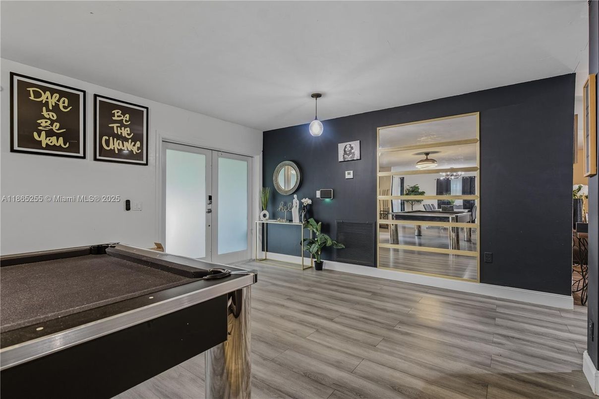 Billiard Table, Game Room, Interior, Pendant Lights, Wood Texture Flooring