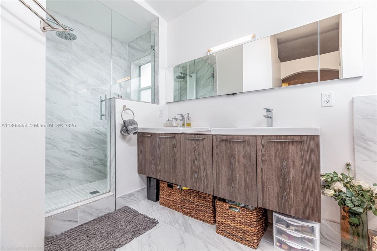 Bathroom, Dual Sink Vanities, Glass Shower, Interior, Marble, Marble Walls