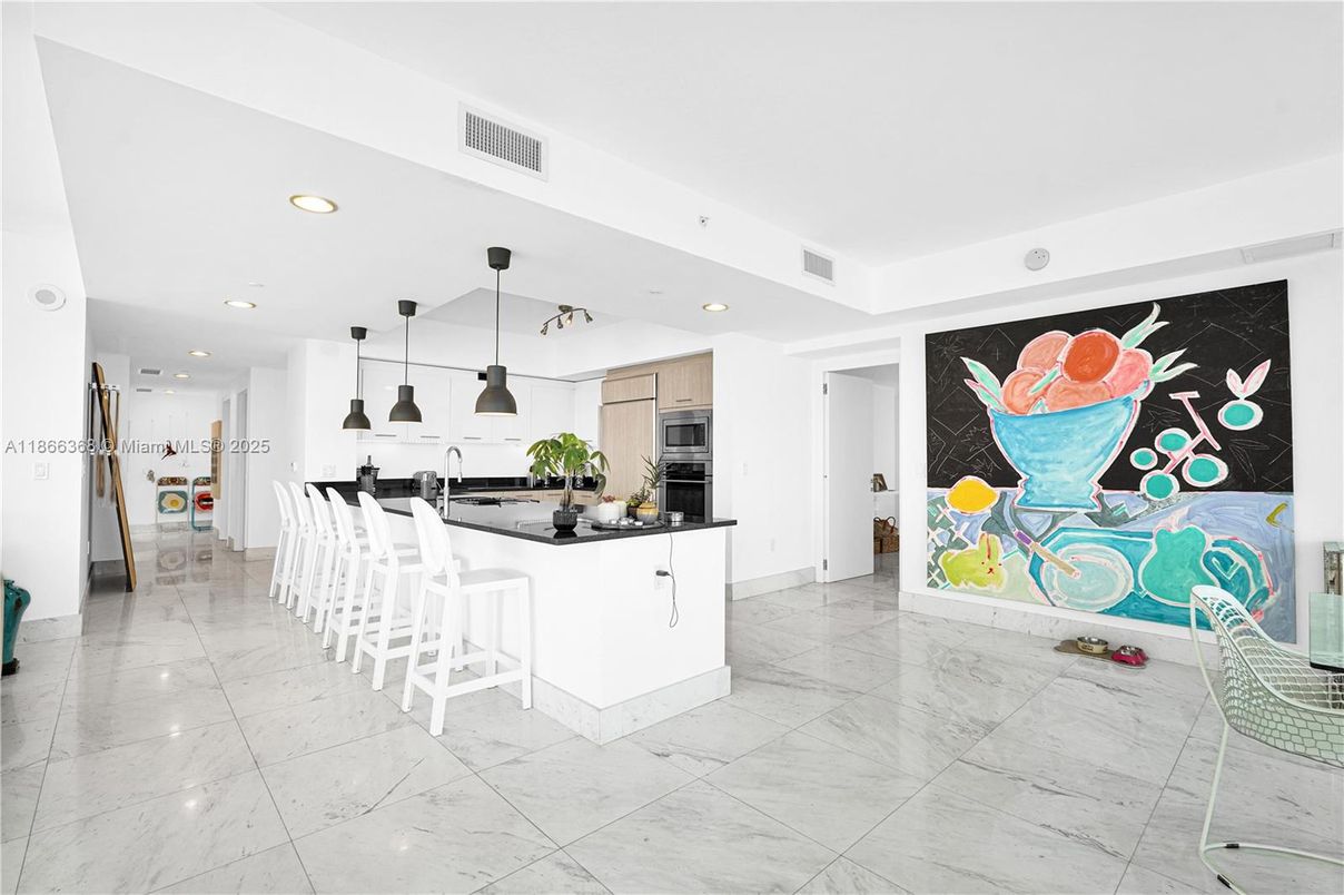 Interior, Kitchen, Marble, Pendant Lights, Recessed Lighting, Stainless Steel Appliances