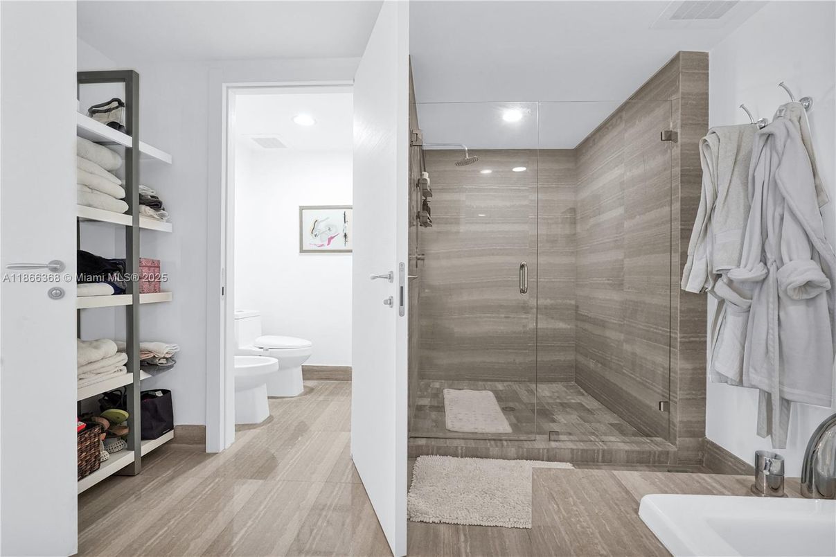 Bathroom, Glass Shower, Interior, Recessed Lighting, Wood Texture Flooring