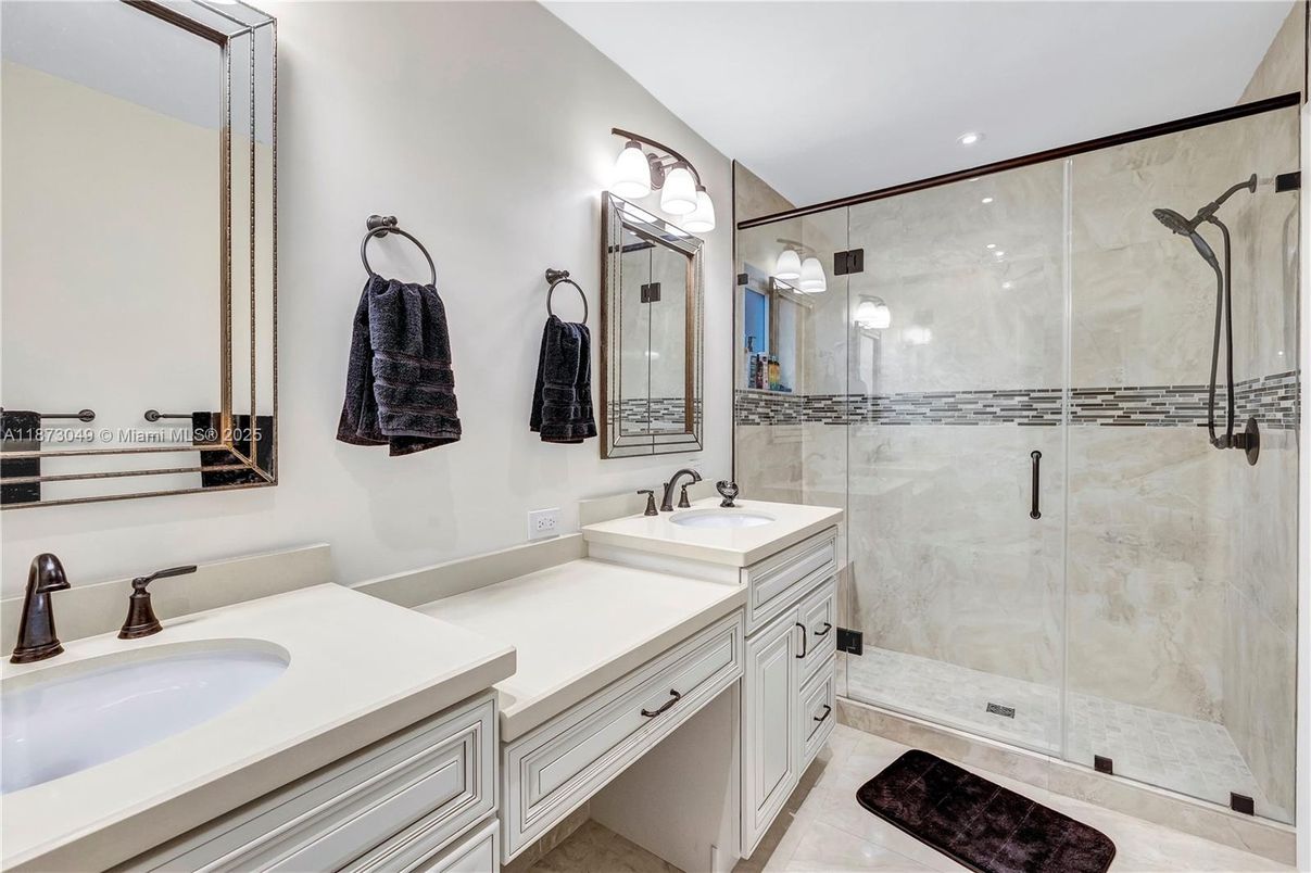 Bathroom, Dual Sink Vanities, Glass Shower, Interior, Recessed Lighting