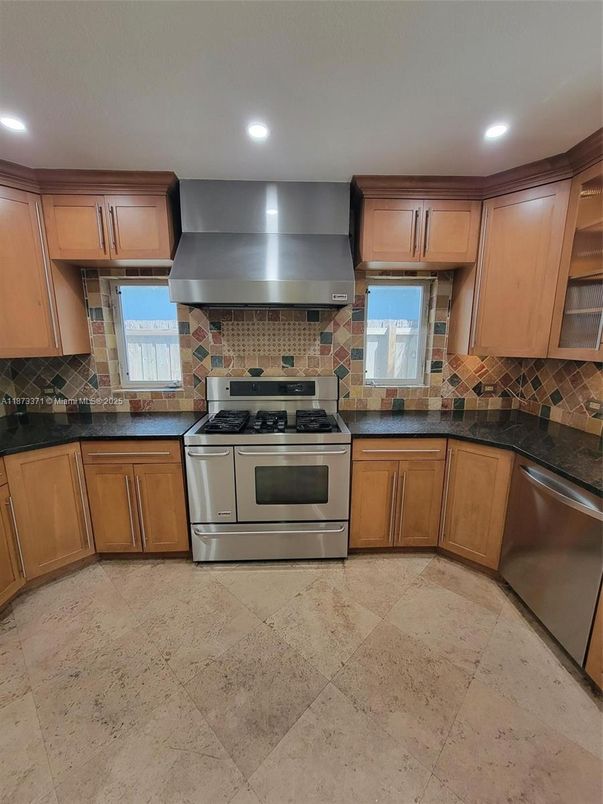 Interior, Kitchen, Recessed Lighting, Stainless Steel Appliances, Stone Walls