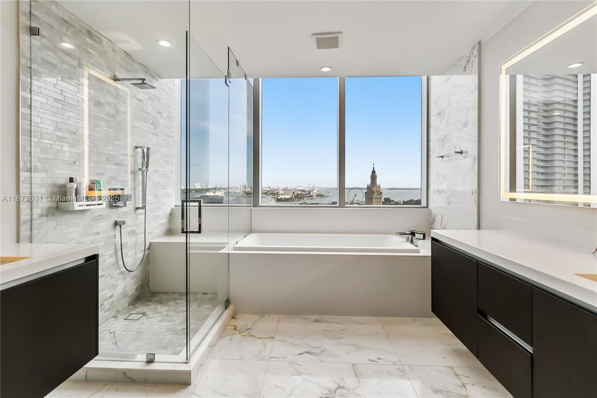 Bathroom, Glass Shower, Interior, Marble, Marble Walls, Recessed Lighting, Water