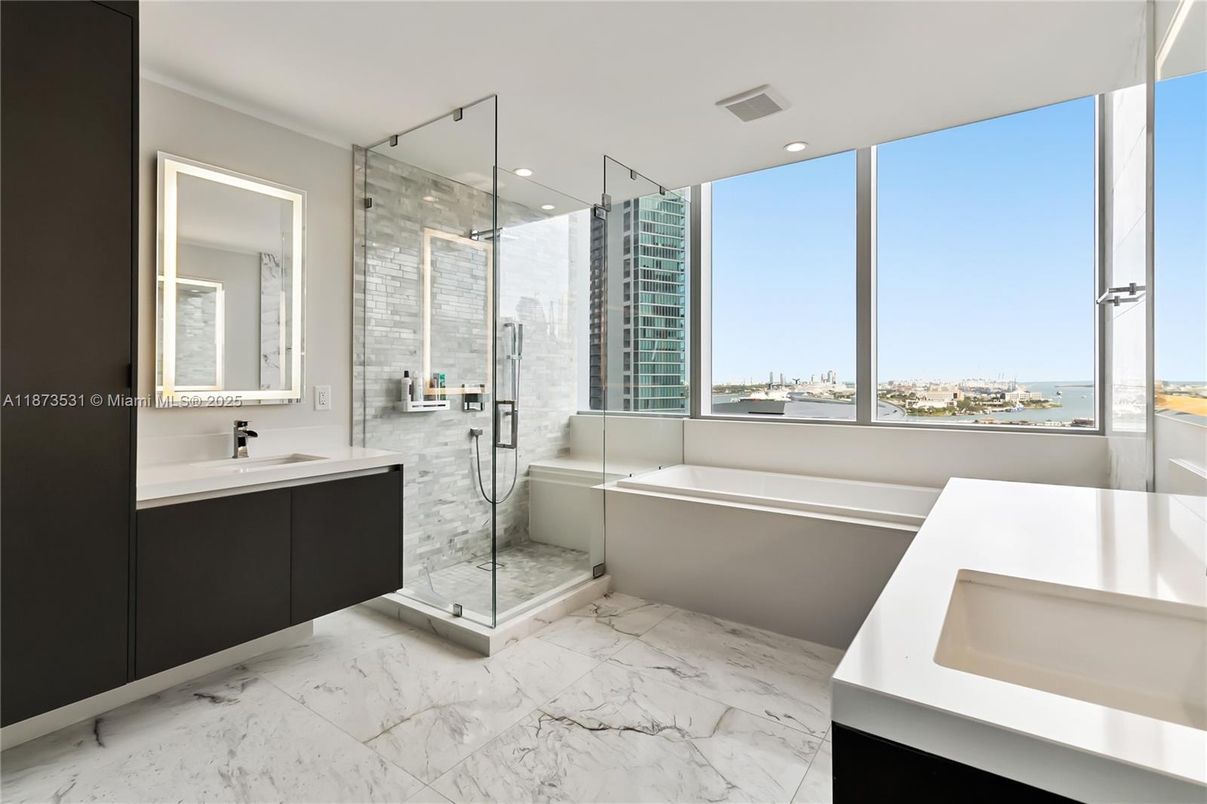 Bathroom, Dual Sink Vanities, Glass Shower, Interior, Marble, Recessed Lighting, Water
