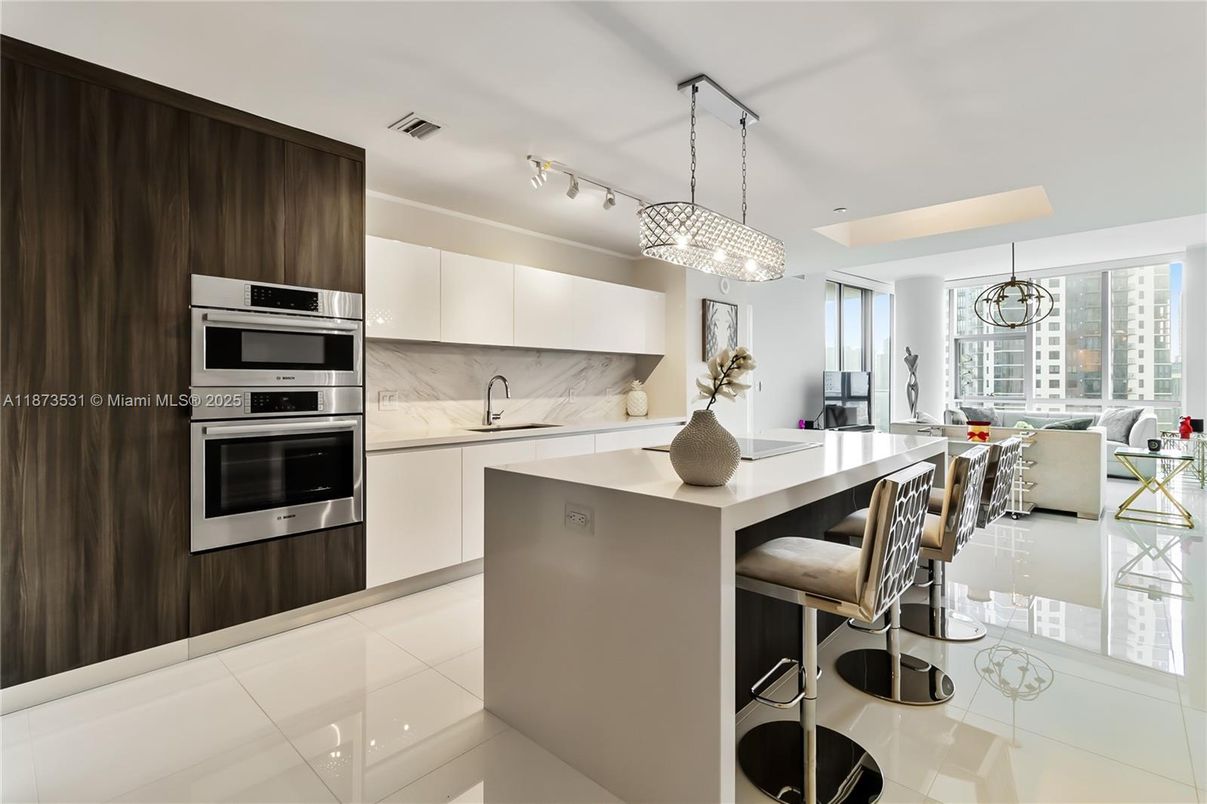 Chandelier, Interior, Kitchen, Living room, Pendant Lights, Stainless Steel Appliances