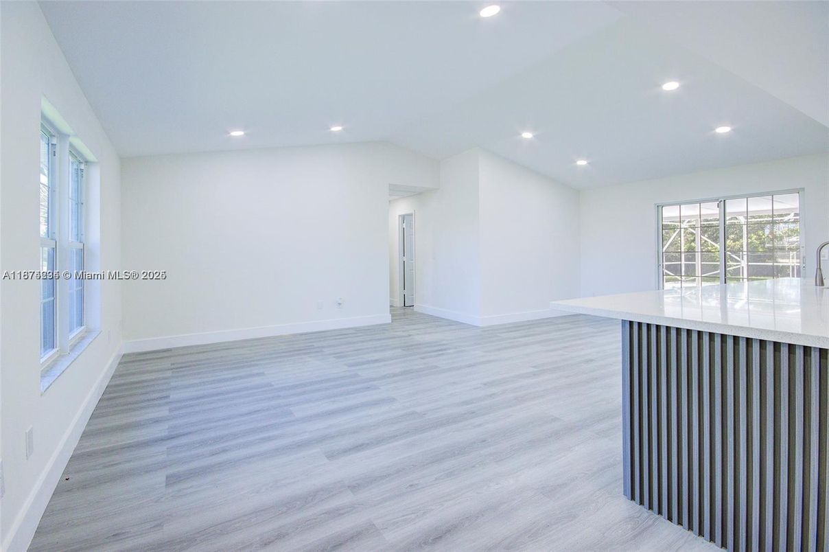 Empty room, Interior, Kitchen, Recessed Lighting, Wood Texture Flooring