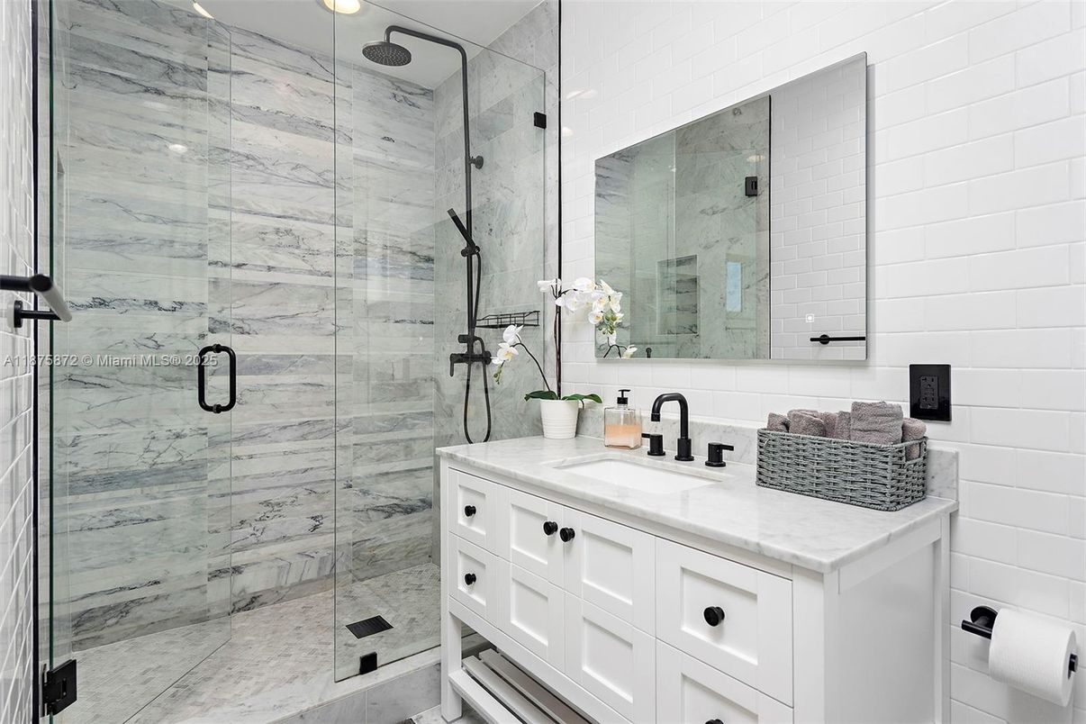 Bathroom, Glass Shower, Interior, Marble Walls, Recessed Lighting