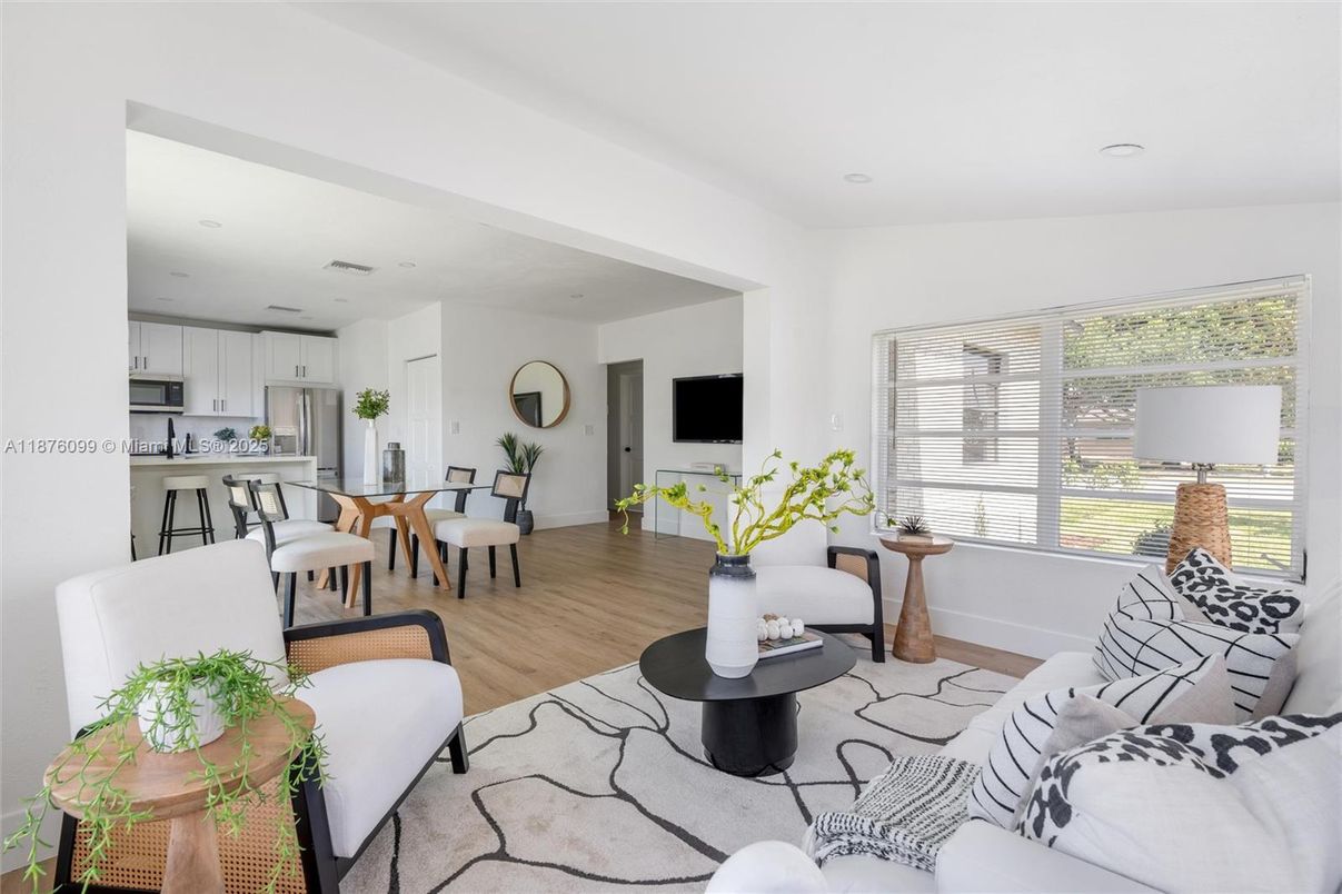 Dining room, Interior, Kitchen, Living room, Recessed Lighting, Stainless Steel Appliances, Wood Texture Flooring
