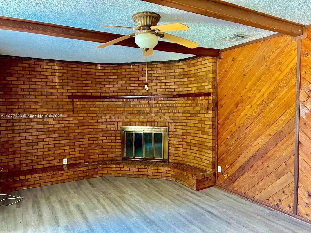 Empty room, Fireplace, Interior, Stone Walls, Wood Texture Flooring, Wooden Walls