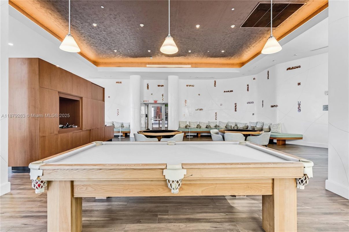 Billiard Table, Game Room, Interior, Pendant Lights, Recessed Lighting, Wood Texture Flooring