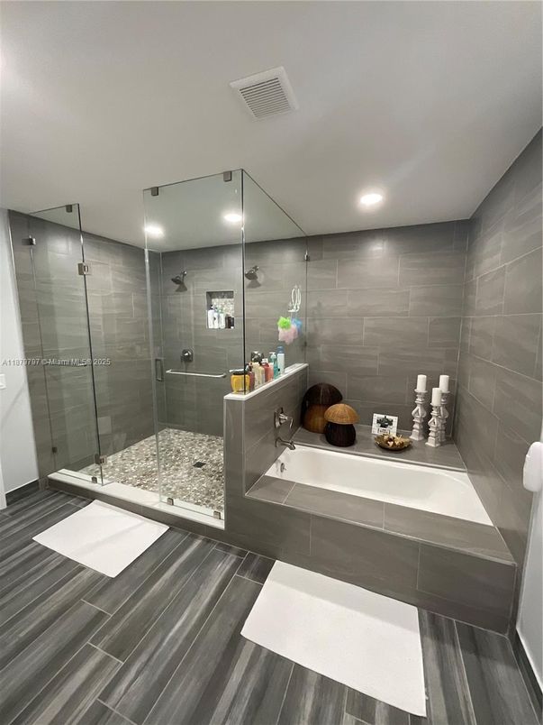 Bathroom, Glass Shower, Interior, Recessed Lighting, Wood Texture Flooring