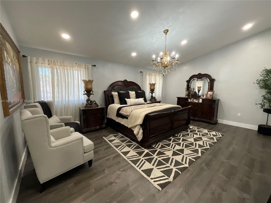 Bedroom, Chandelier, Interior, Recessed Lighting, Wood Texture Flooring