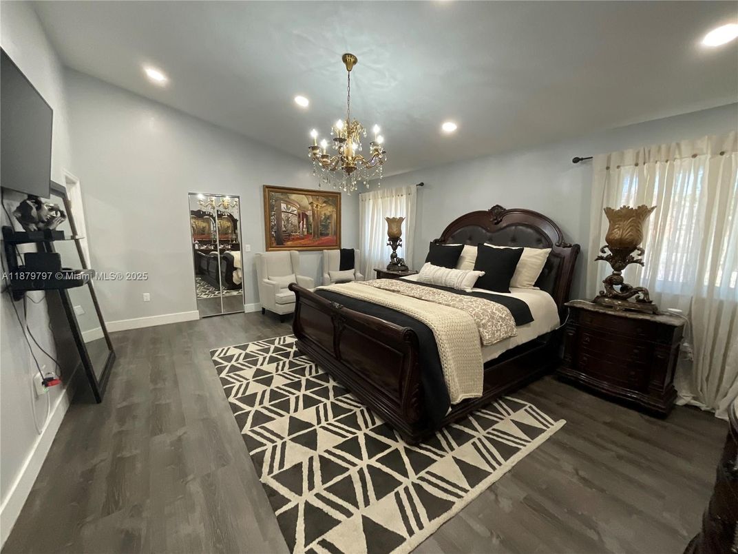 Bedroom, Chandelier, Interior, Recessed Lighting, Wood Texture Flooring