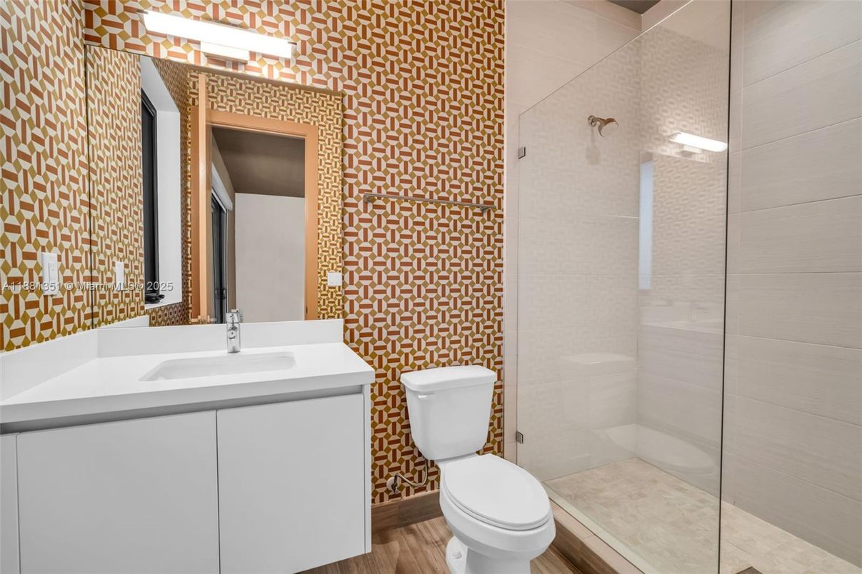 Bathroom, Glass Shower, Interior, Wood Texture Flooring