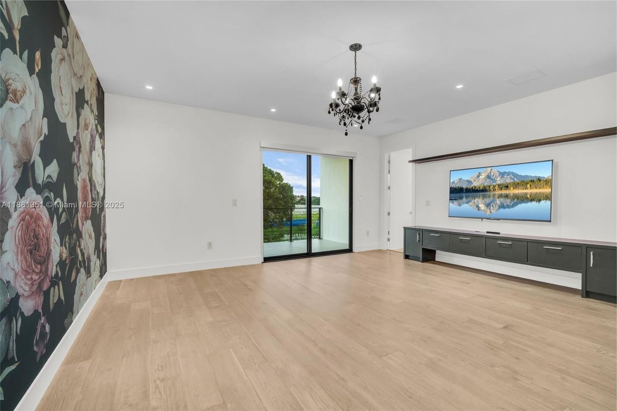 Chandelier, Empty room, Interior, Recessed Lighting, Wood Texture Flooring