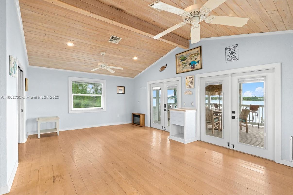 Empty room, Interior, Recessed Lighting, Water, Wooden Ceilings, Wood Texture Flooring