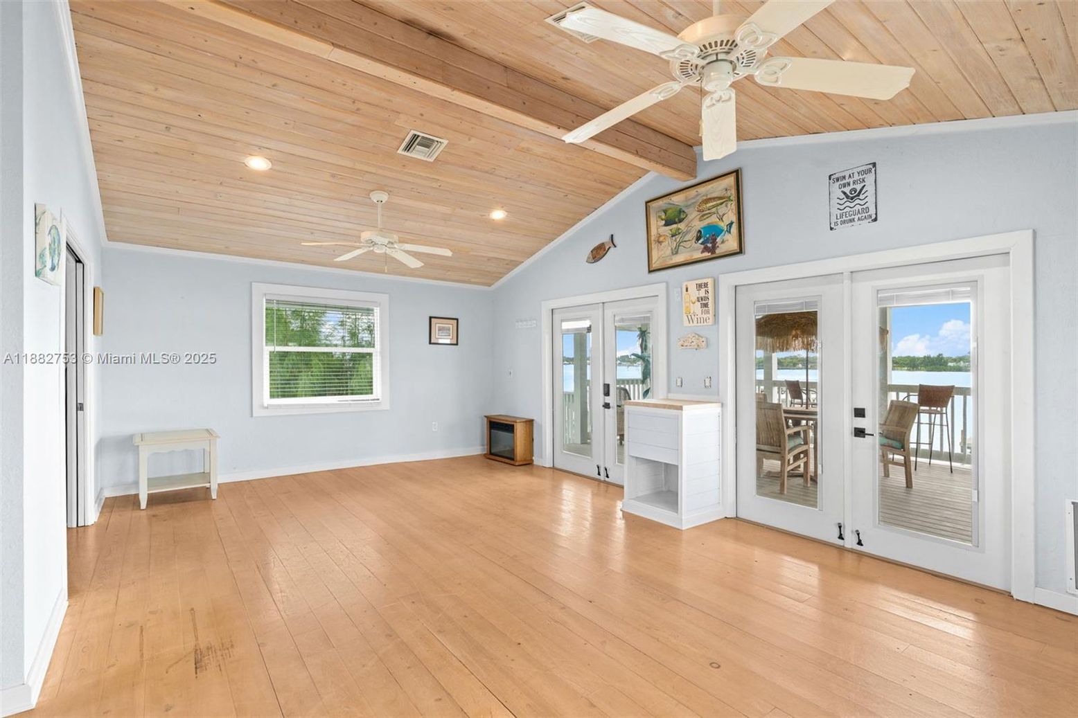 Empty room, Interior, Recessed Lighting, Water, Wooden Ceilings, Wood Texture Flooring