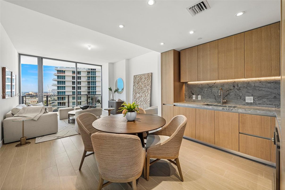 Dining room, Interior, Kitchen, Living room, Recessed Lighting, Water, Wood Texture Flooring