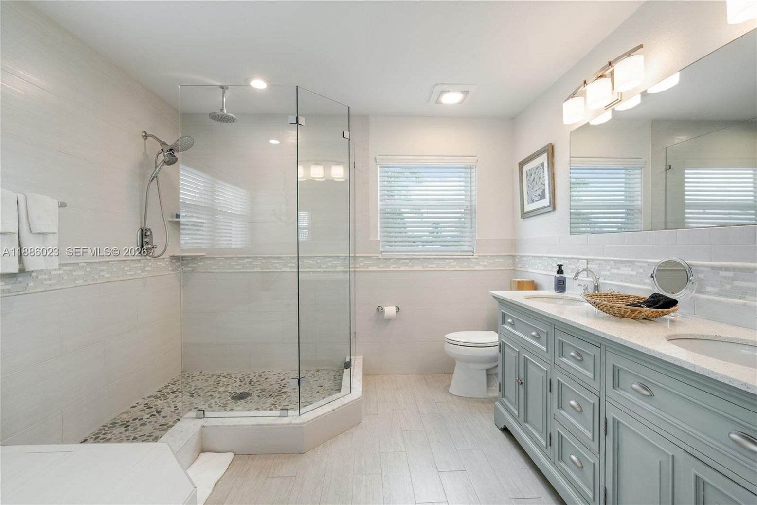 Bathroom, Dual Sink Vanities, Glass Shower, Interior, Recessed Lighting