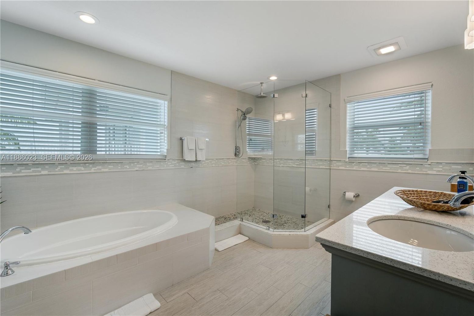 Bathroom, Dual Sink Vanities, Glass Shower, Interior, Recessed Lighting, Wood Texture Flooring