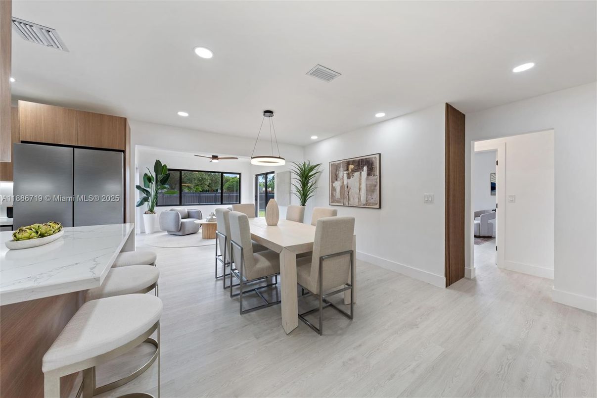 Dining room, Interior, Pendant Lights, Recessed Lighting, Wood Texture Flooring