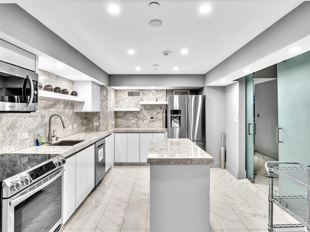 Interior, Kitchen, Marble, Recessed Lighting, Stainless Steel Appliances