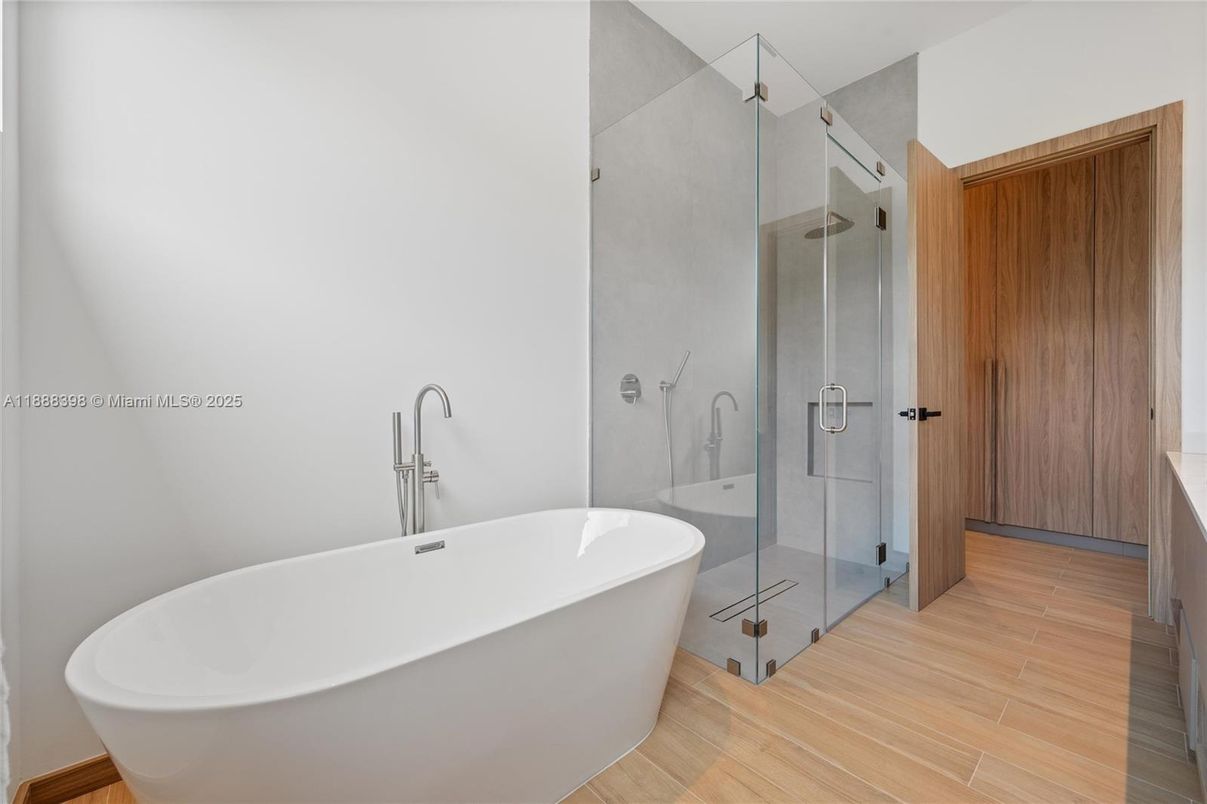 Bathroom, Free Standing Baths, Glass Shower, Interior, Wood Texture Flooring