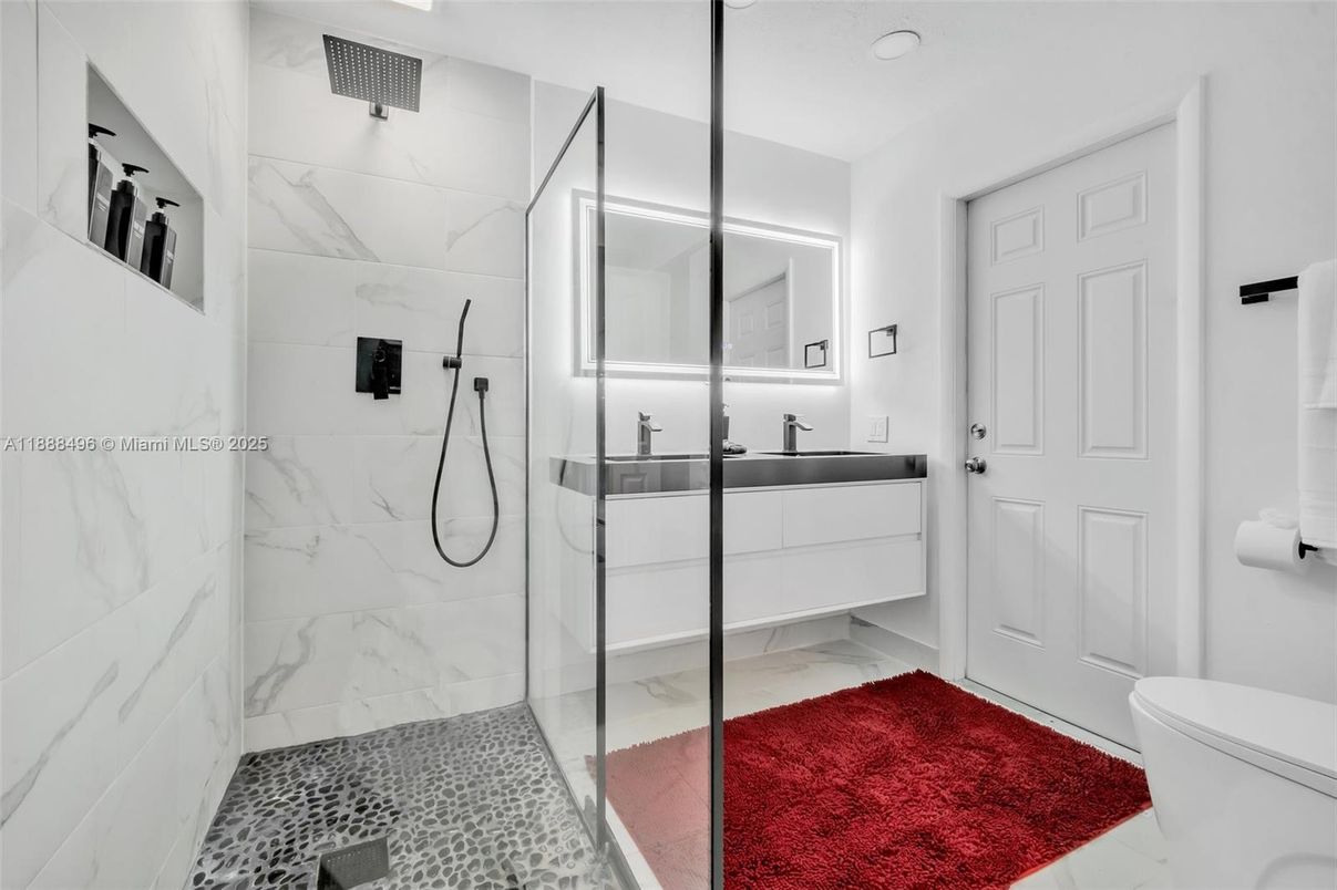 Bathroom, Glass Shower, Interior, Marble Walls, Recessed Lighting