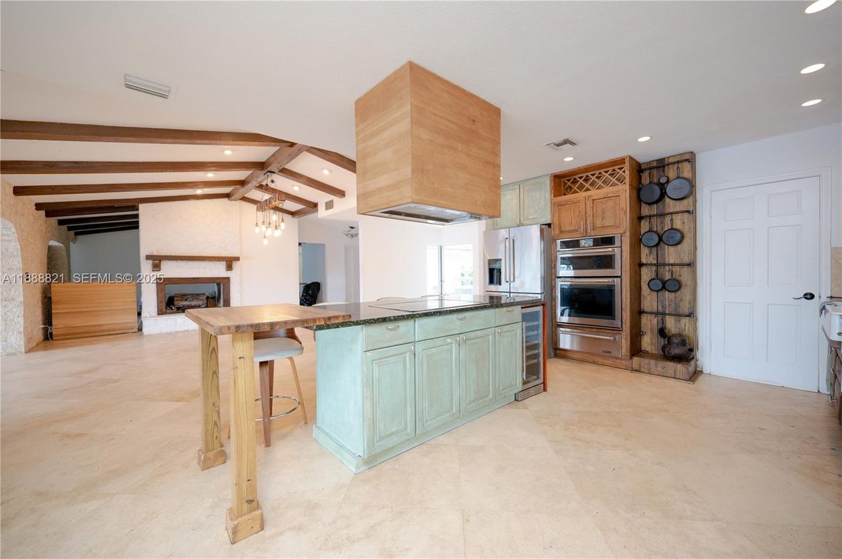 Fireplace, Interior, Kitchen, Recessed Lighting, Stainless Steel Appliances, Wooden Beams