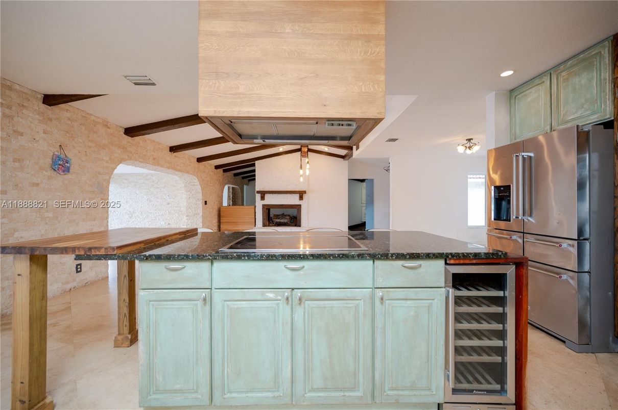 Fireplace, Interior, Kitchen, Pendant Lights, Recessed Lighting, Stone Walls, Wooden Beams