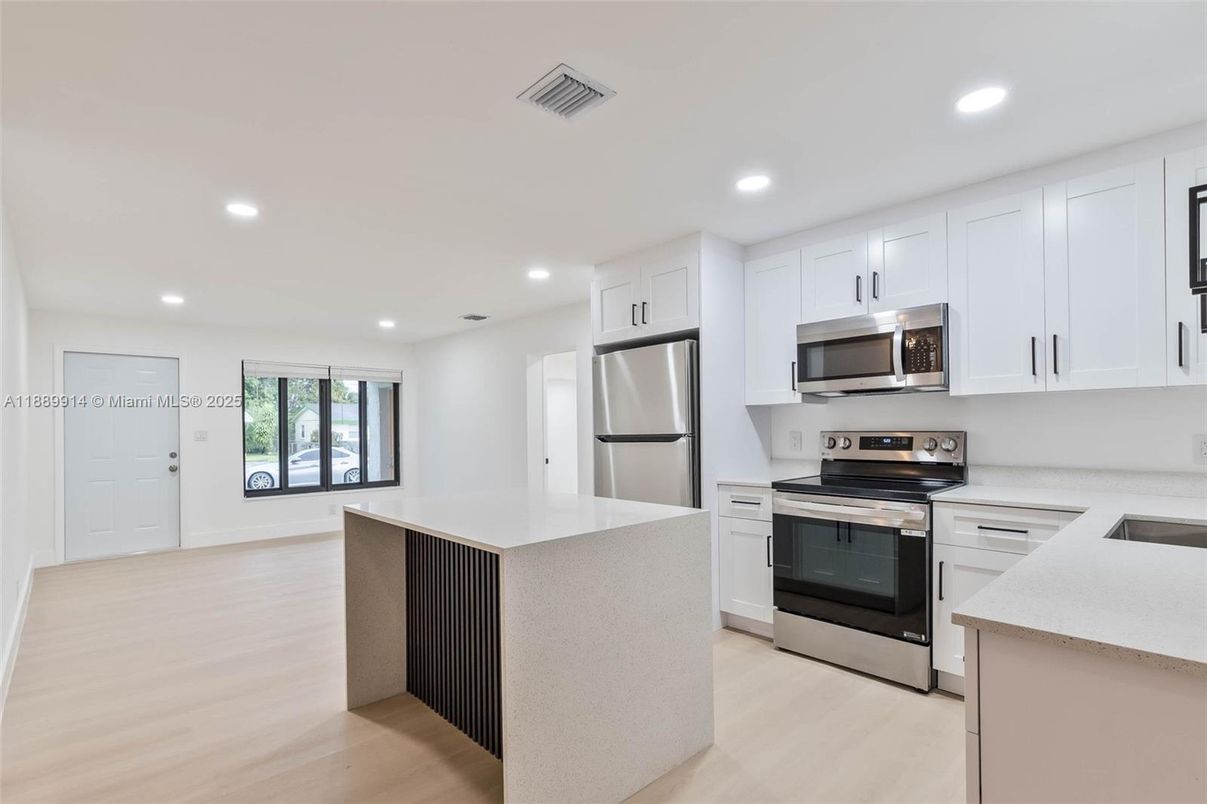 Interior, Kitchen, Recessed Lighting, Stainless Steel Appliances, Wood Texture Flooring