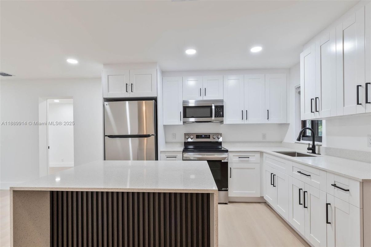 Interior, Kitchen, Recessed Lighting, Stainless Steel Appliances, Wood Texture Flooring