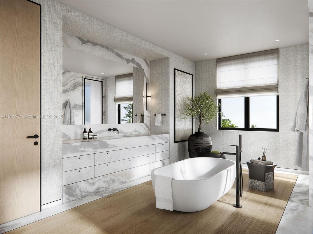 Bathroom, Dual Sink Vanities, Free Standing Baths, Interior, Marble, Recessed Lighting, Wood Texture Flooring
