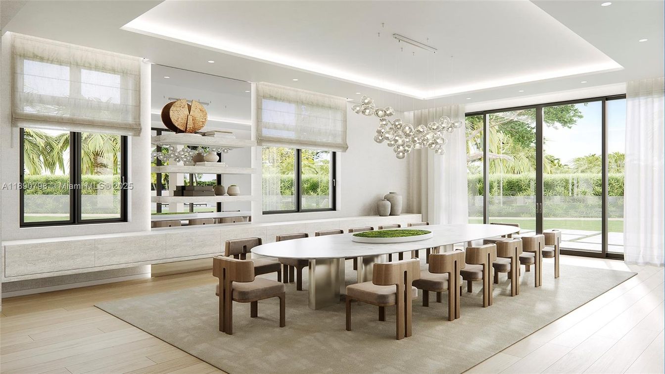 Dining room, Interior, Pendant Lights, Recessed Lighting, Wood Texture Flooring