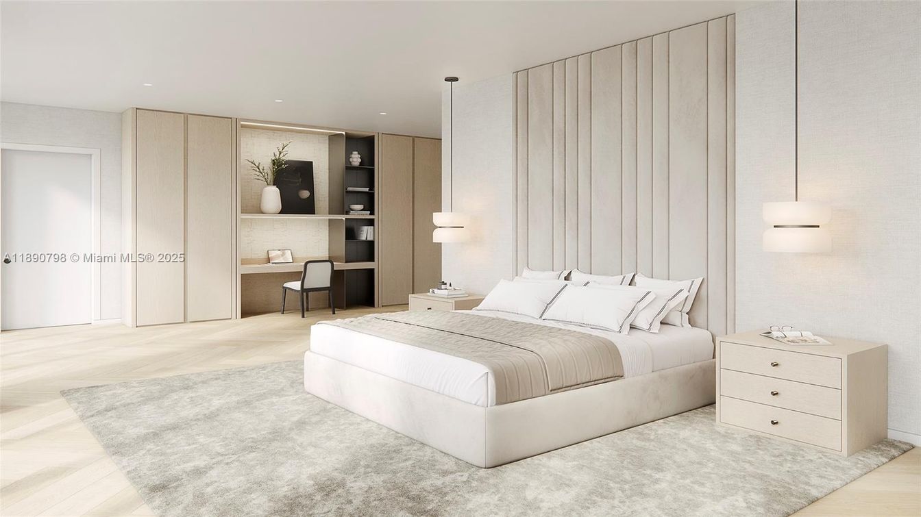 Bedroom, Interior, Pendant Lights, Recessed Lighting, Wood Texture Flooring