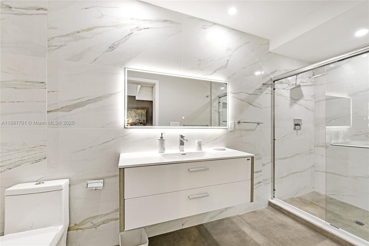 Bathroom, Glass Shower, Interior, Marble Walls, Recessed Lighting