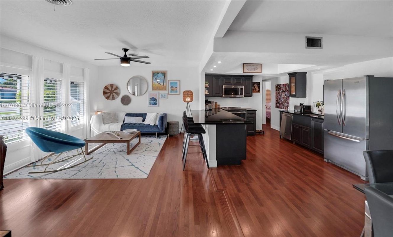 Interior, Kitchen, Living room, Recessed Lighting, Stainless Steel Appliances, Wood Texture Flooring