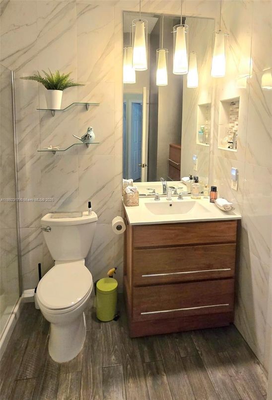 Bathroom, Interior, Marble Walls, Wood Texture Flooring