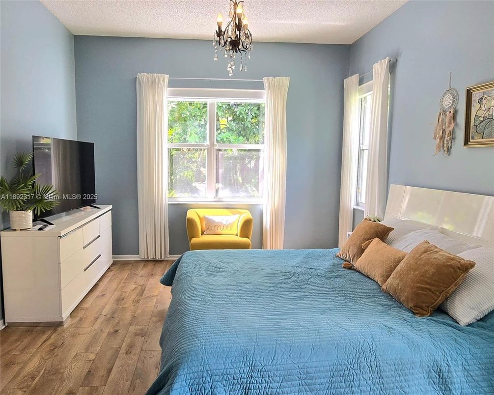 Bedroom, Chandelier, Interior, Wood Texture Flooring