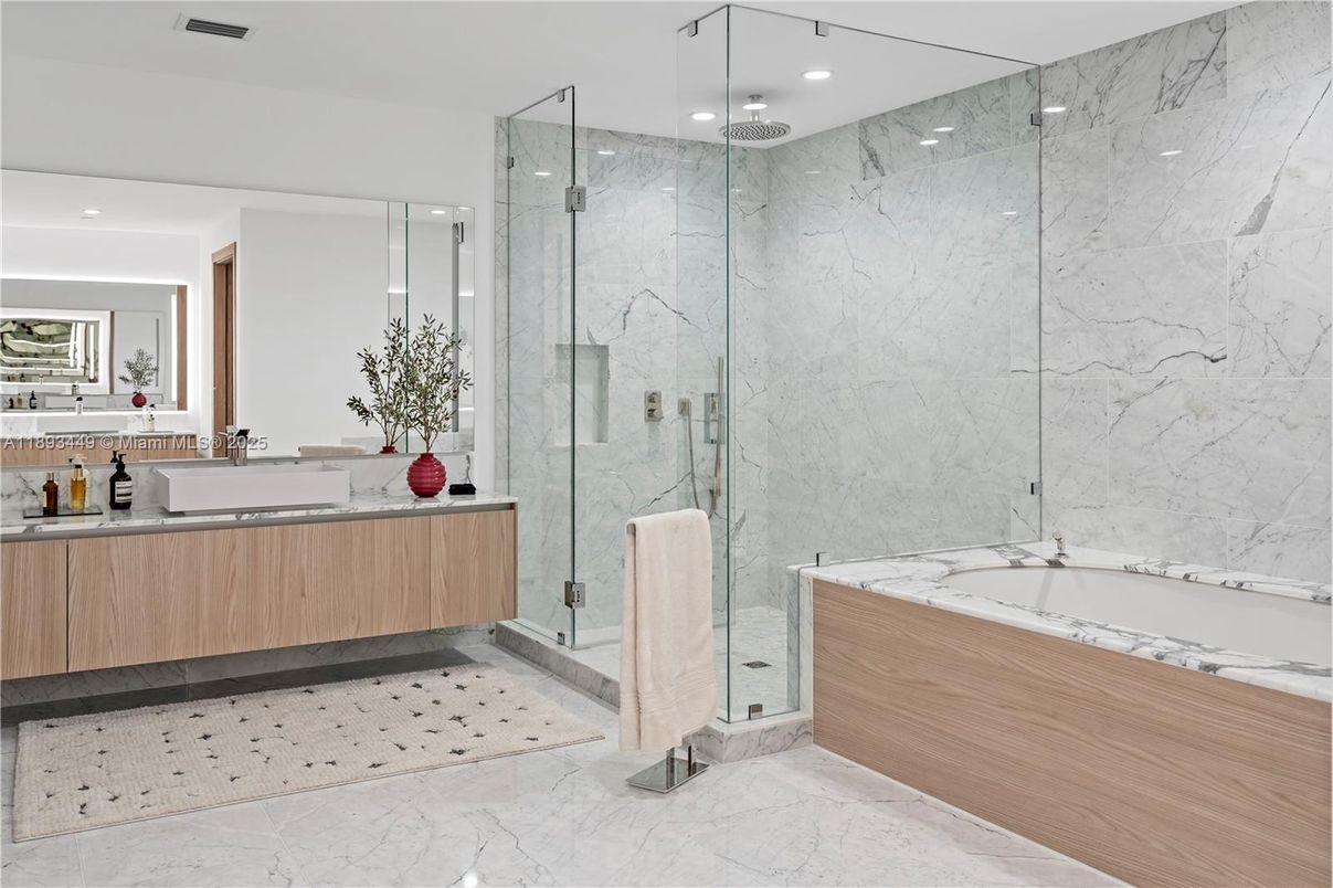 Bathroom, Dual Sink Vanities, Glass Shower, Interior, Marble, Marble Walls, Recessed Lighting