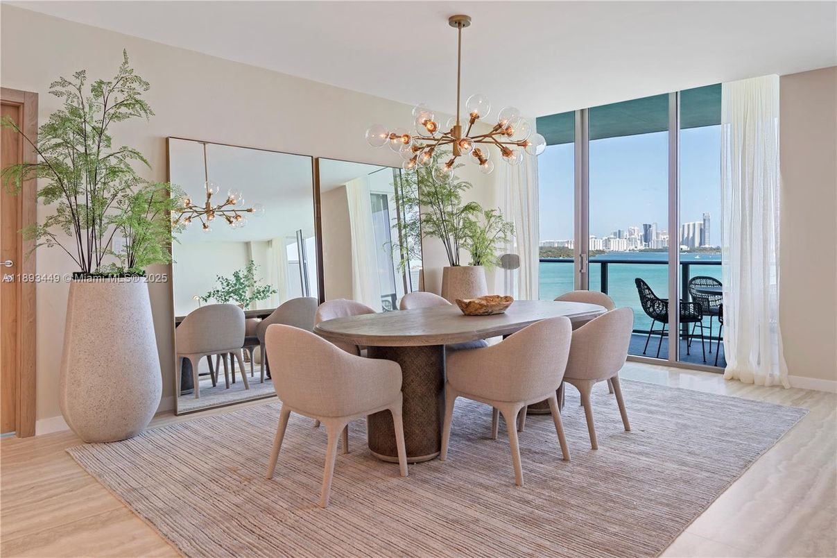 Dining room, Interior, Pendant Lights, Water, Wood Texture Flooring