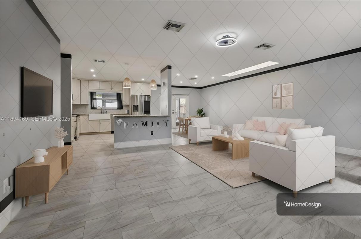 Interior, Kitchen, Living room, Marble, Pendant Lights, Recessed Lighting, Stainless Steel Appliances